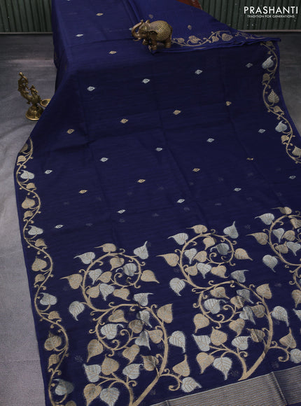 Jute linen saree navy blue with zari woven buttas and leaf zari woven border