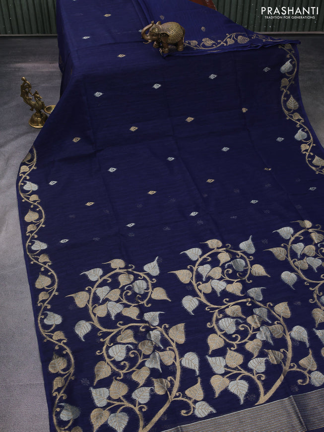 Jute linen saree navy blue with zari woven buttas and leaf zari woven border