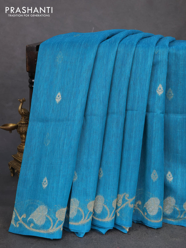 Jute linen saree teal blue with zari woven buttas and leaf zari woven border