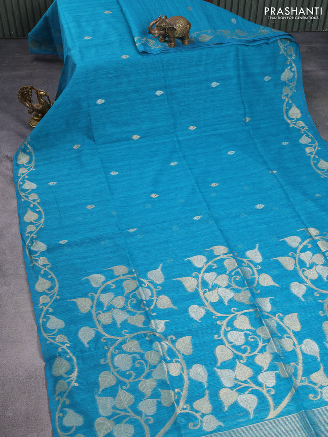 Jute linen saree teal blue with zari woven buttas and leaf zari woven border