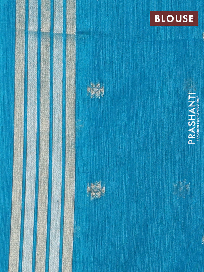 Jute linen saree teal blue with zari woven buttas and leaf zari woven border