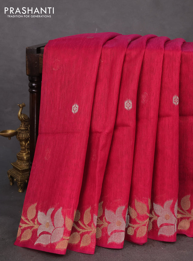 Jute linen saree pink with zari woven buttas and floral zari woven border