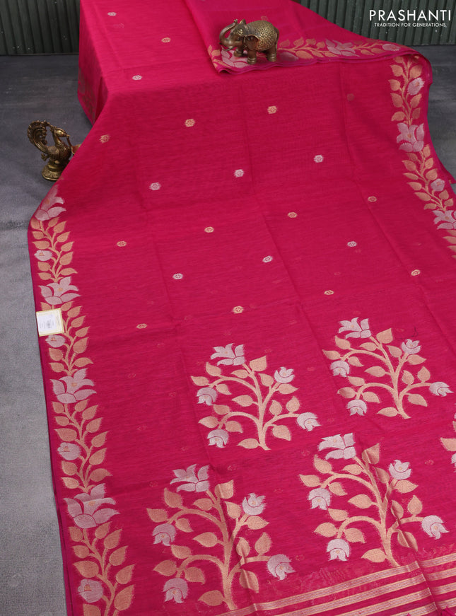 Jute linen saree pink with zari woven buttas and floral zari woven border