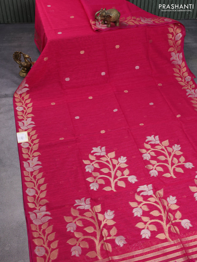 Jute linen saree pink with zari woven buttas and floral zari woven border