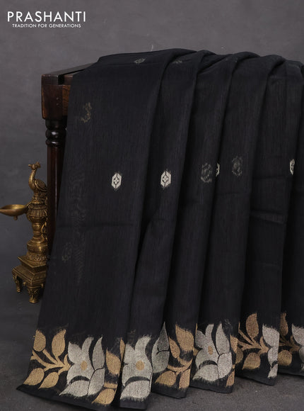 Jute linen saree black with zari woven buttas and floral zari woven border