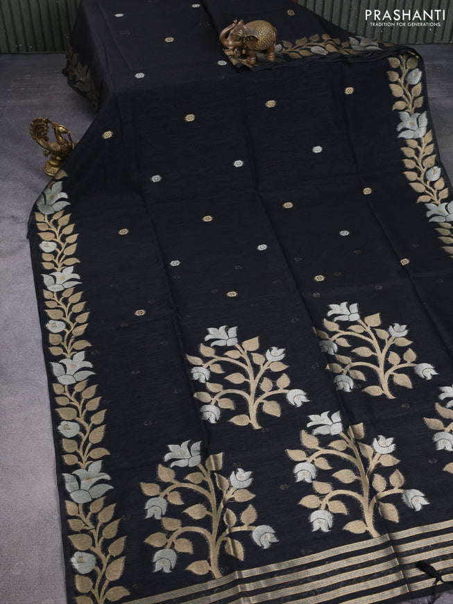 Jute linen saree black with zari woven buttas and floral zari woven border
