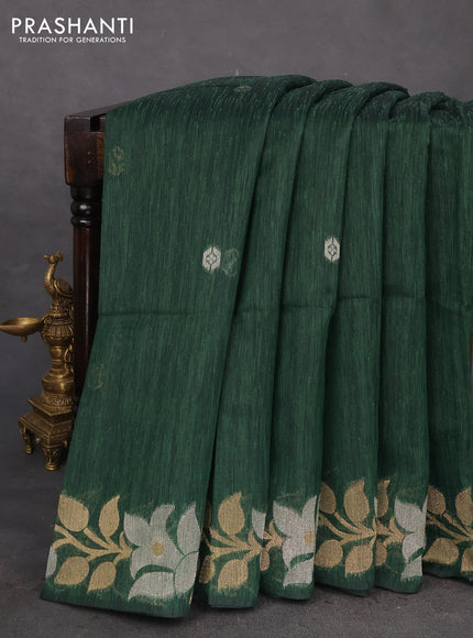 Jute linen saree green with zari woven buttas and floral zari woven border