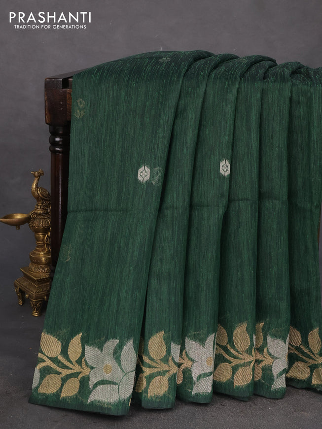 Jute linen saree green with zari woven buttas and floral zari woven border
