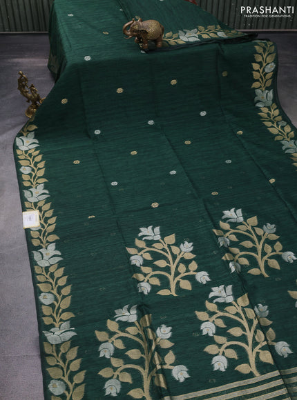 Jute linen saree green with zari woven buttas and floral zari woven border