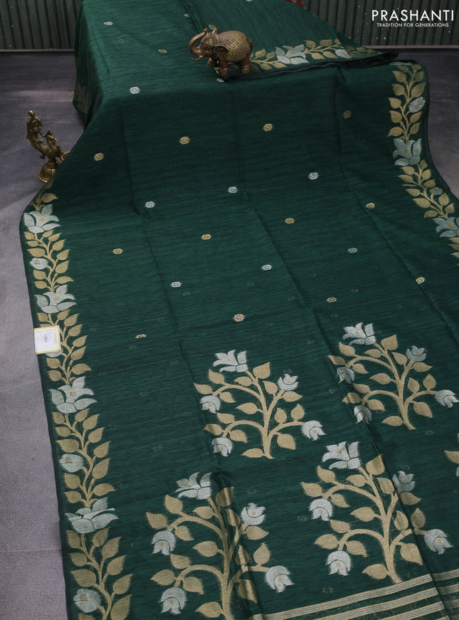 Jute linen saree green with zari woven buttas and floral zari woven border