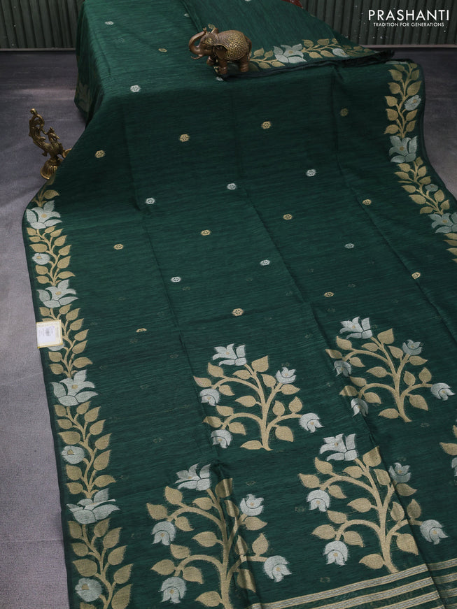 Jute linen saree green with zari woven buttas and floral zari woven border