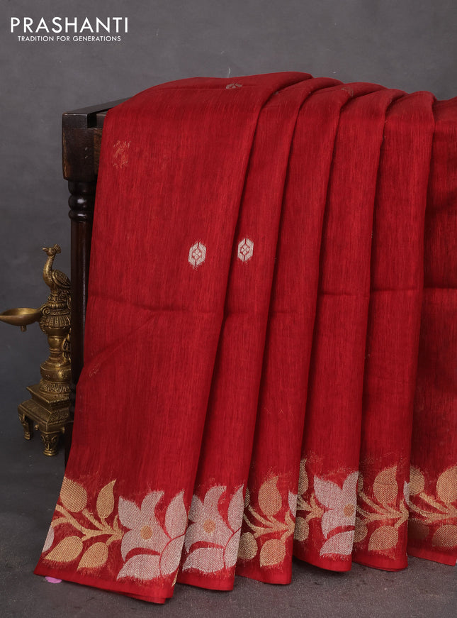 Jute linen saree red with zari woven buttas and floral zari woven border