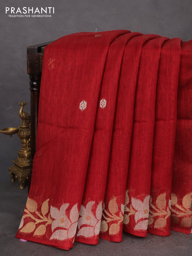 Jute linen saree red with zari woven buttas and floral zari woven border