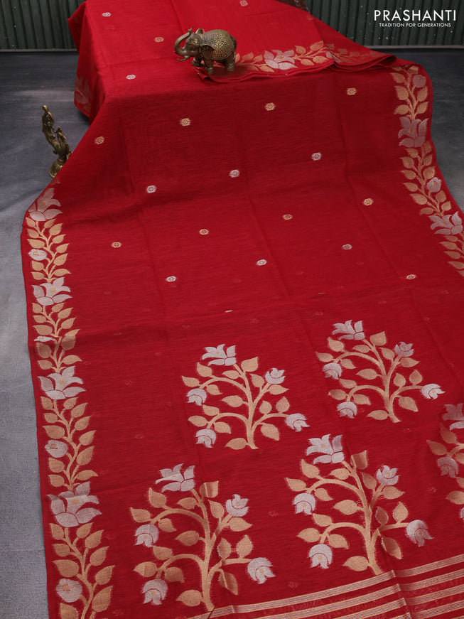 Jute linen saree red with zari woven buttas and floral zari woven border