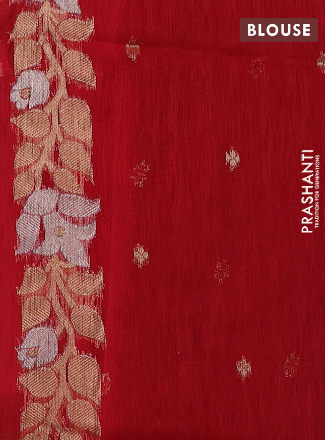 Jute linen saree red with zari woven buttas and floral zari woven border