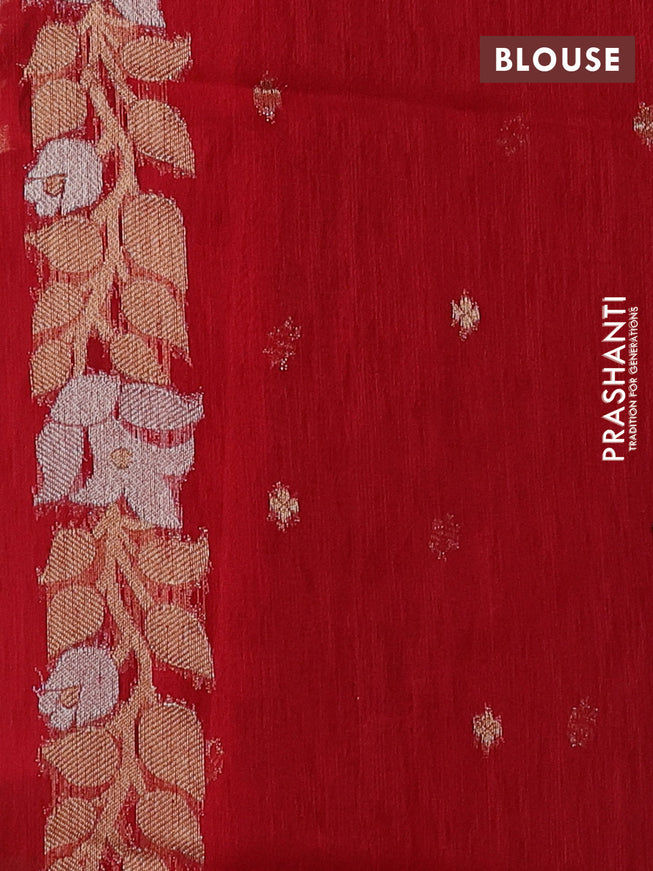 Jute linen saree red with zari woven buttas and floral zari woven border