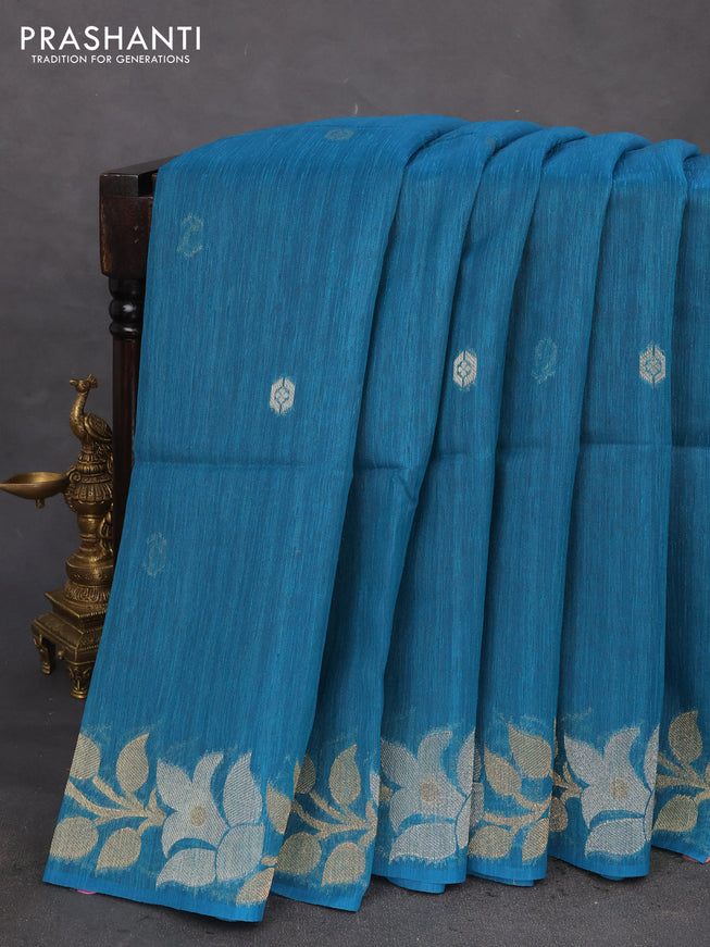 Jute linen saree teal blue with zari woven buttas and floral zari woven border