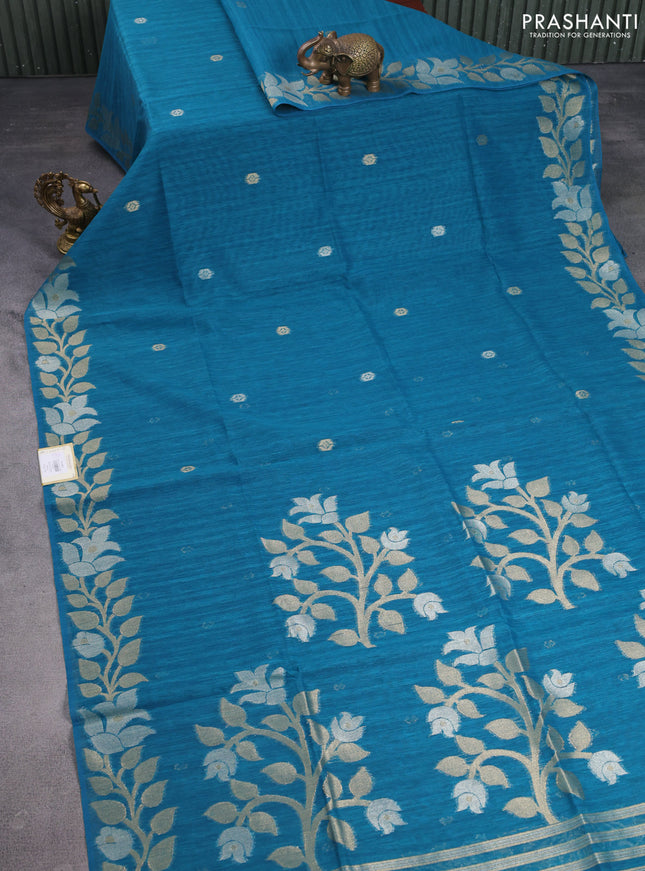 Jute linen saree teal blue with zari woven buttas and floral zari woven border