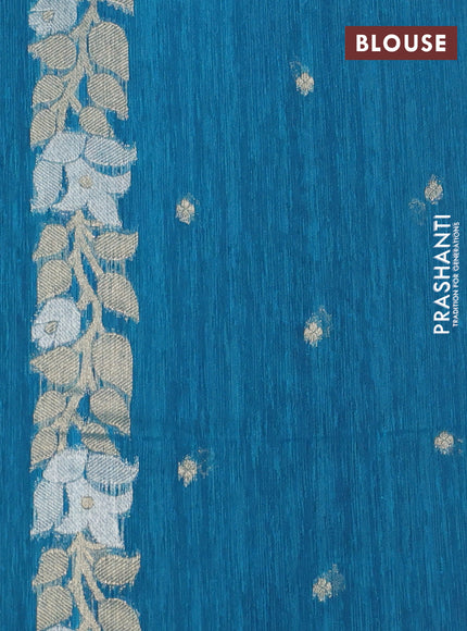 Jute linen saree teal blue with zari woven buttas and floral zari woven border