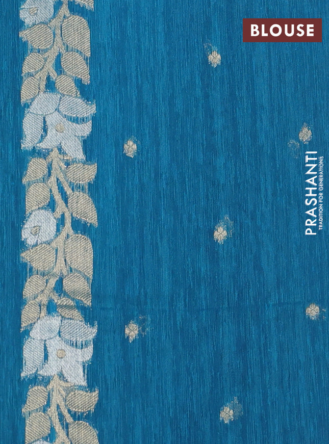 Jute linen saree teal blue with zari woven buttas and floral zari woven border