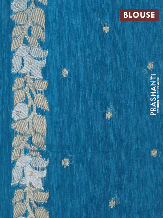 Jute linen saree teal blue with zari woven buttas and floral zari woven border
