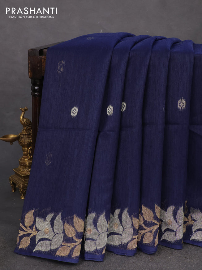 Jute linen saree navy blue with zari woven buttas and floral zari woven border
