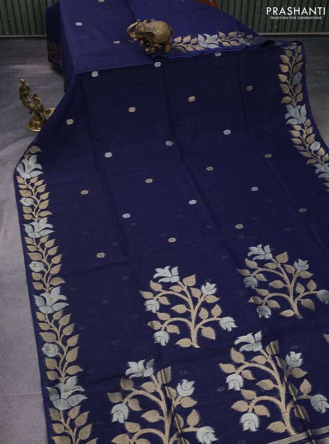 Jute linen saree navy blue with zari woven buttas and floral zari woven border