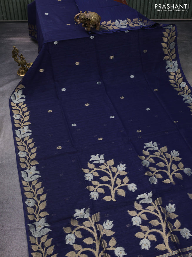 Jute linen saree navy blue with zari woven buttas and floral zari woven border