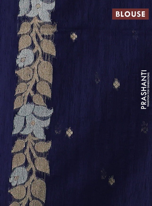 Jute linen saree navy blue with zari woven buttas and floral zari woven border