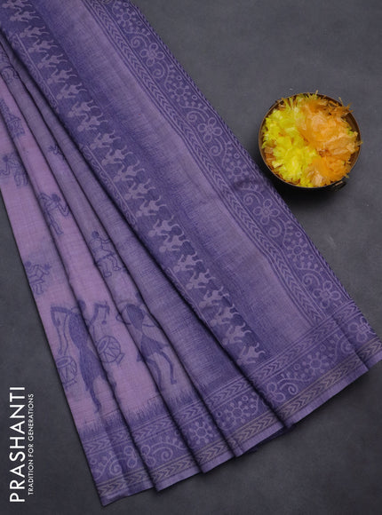 Semi jute silk saree lavender and blue with thread woven buttas and warli design weaving pallu