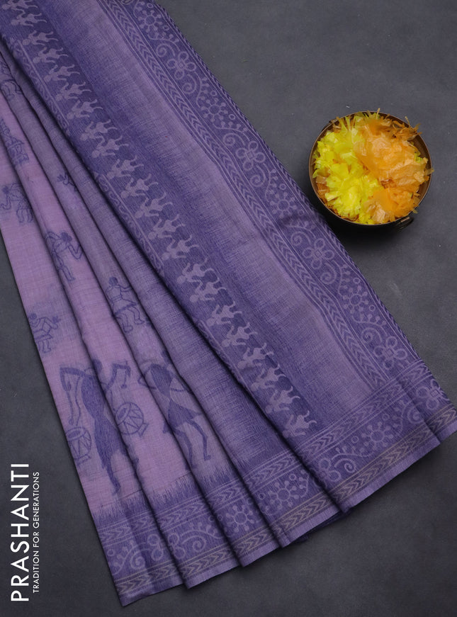 Semi jute silk saree lavender and blue with thread woven buttas and warli design weaving pallu