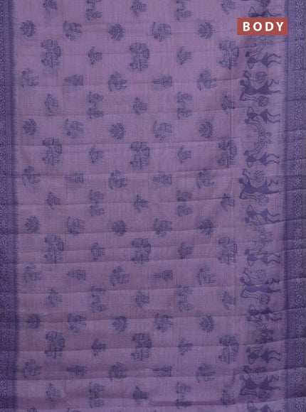 Semi jute silk saree lavender and blue with thread woven buttas and warli design weaving pallu