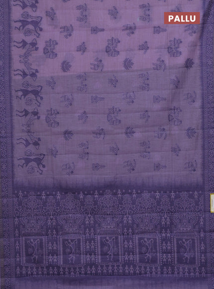 Semi jute silk saree lavender and blue with thread woven buttas and warli design weaving pallu