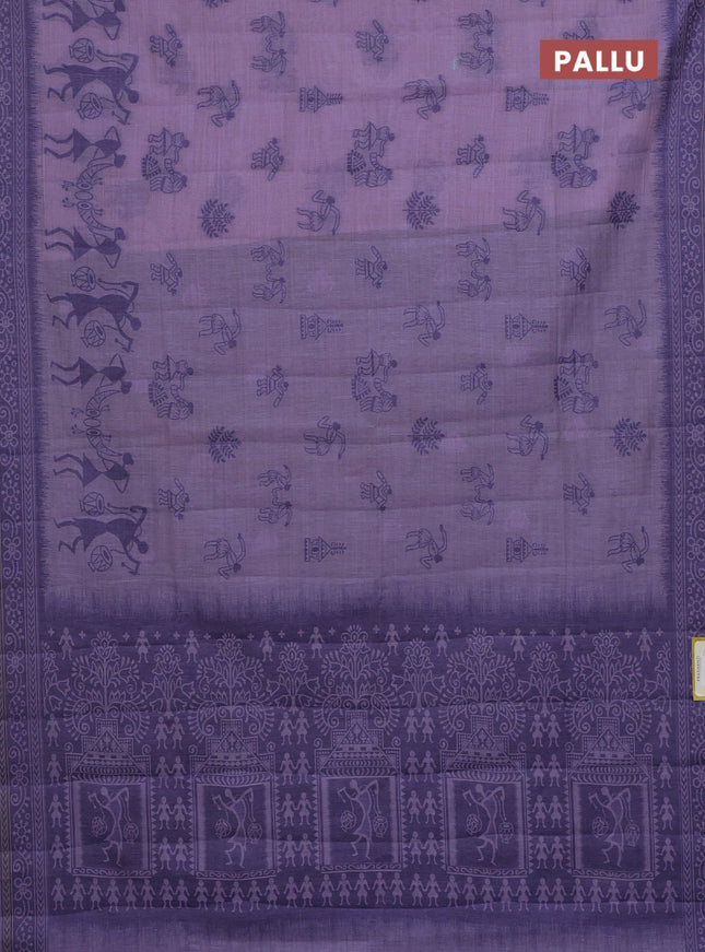Semi jute silk saree lavender and blue with thread woven buttas and warli design weaving pallu