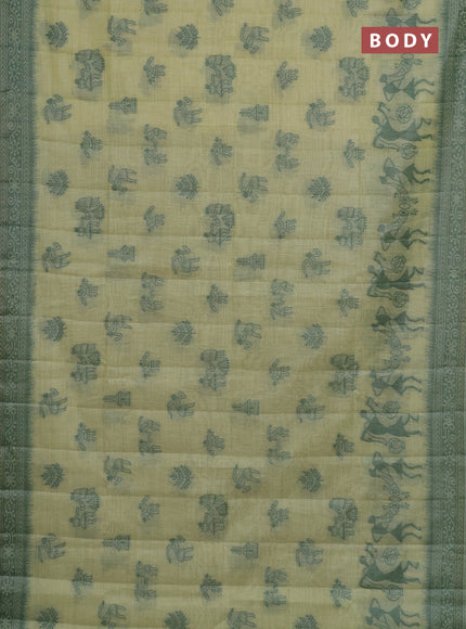 Semi jute silk saree pista green and green with thread woven buttas and warli design weaving pallu