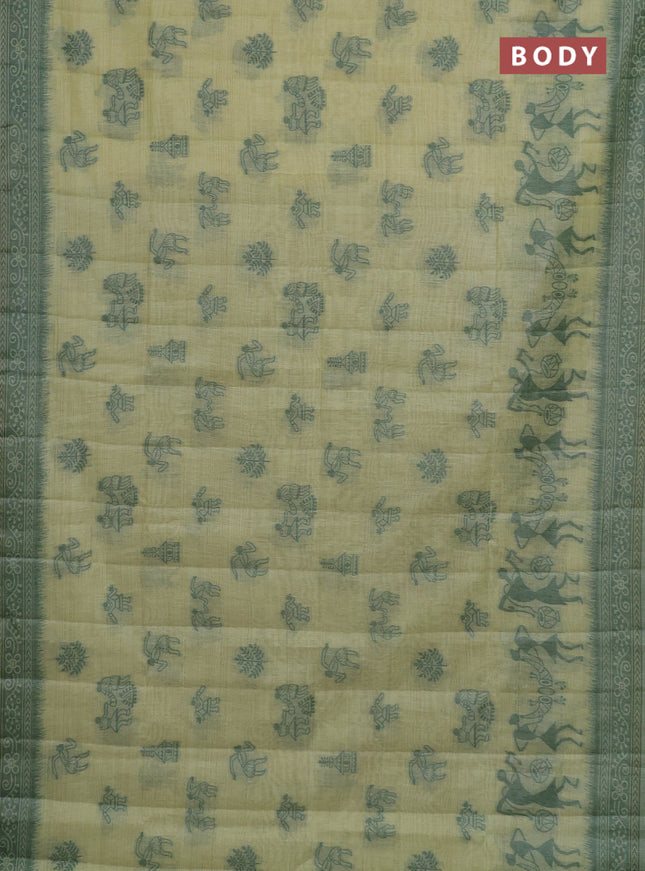 Semi jute silk saree pista green and green with thread woven buttas and warli design weaving pallu