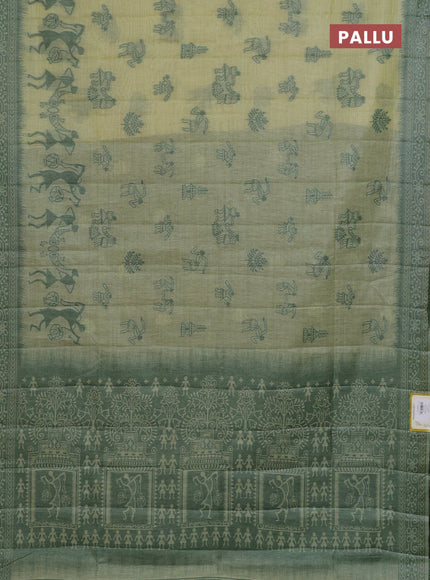 Semi jute silk saree pista green and green with thread woven buttas and warli design weaving pallu