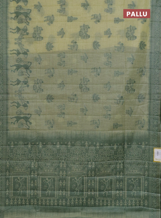 Semi jute silk saree pista green and green with thread woven buttas and warli design weaving pallu