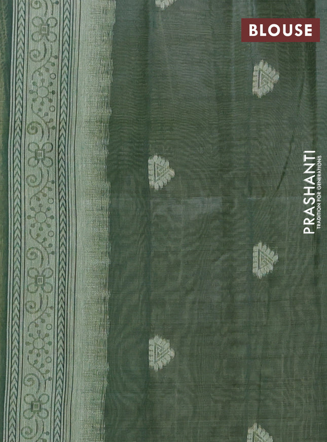 Semi jute silk saree pista green and green with thread woven buttas and warli design weaving pallu