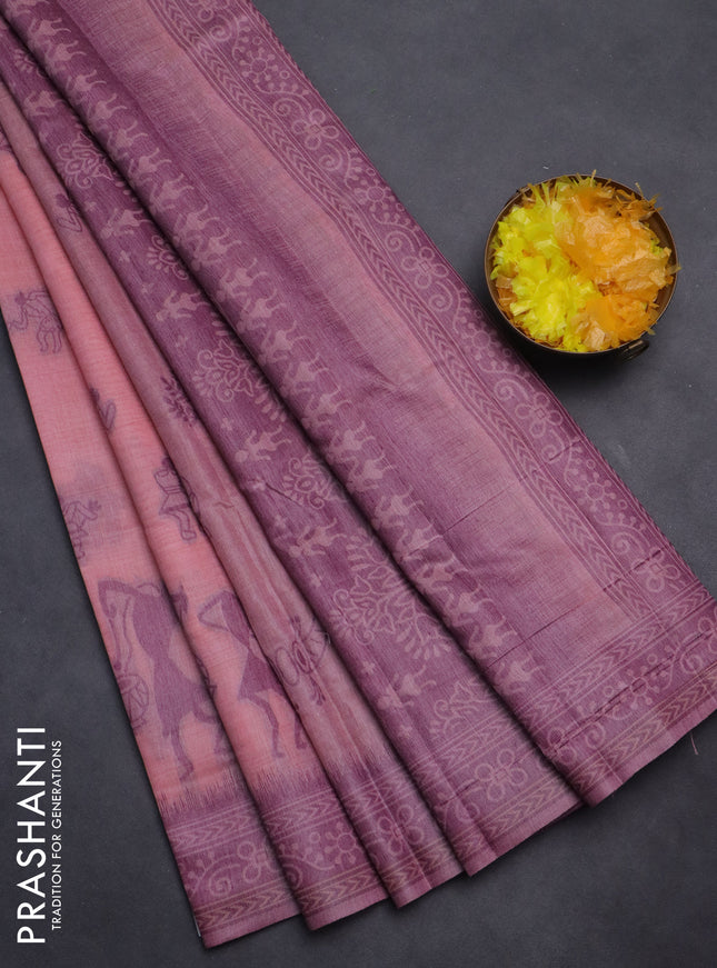 Semi jute silk saree mild peach pink and purple with thread woven buttas and warli design weaving pallu