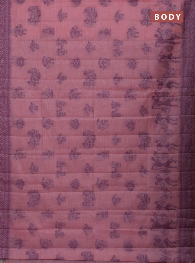 Semi jute silk saree mild peach pink and purple with thread woven buttas and warli design weaving pallu