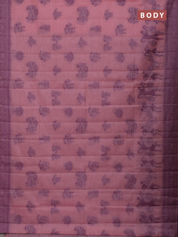 Semi jute silk saree mild peach pink and purple with thread woven buttas and warli design weaving pallu