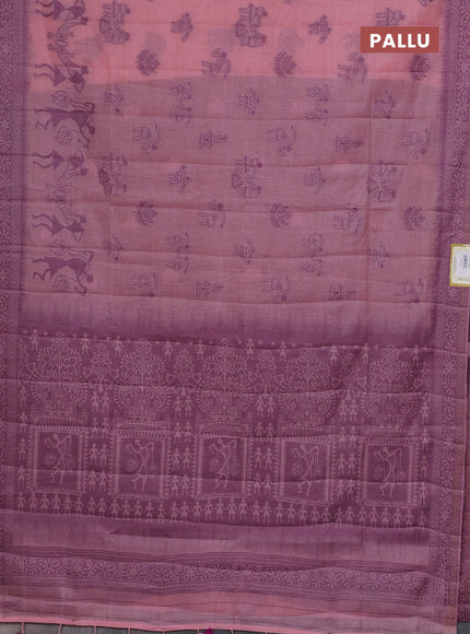 Semi jute silk saree mild peach pink and purple with thread woven buttas and warli design weaving pallu