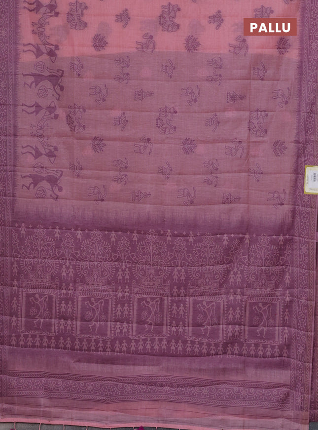 Semi jute silk saree mild peach pink and purple with thread woven buttas and warli design weaving pallu