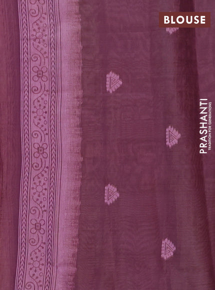 Semi jute silk saree mild peach pink and purple with thread woven buttas and warli design weaving pallu