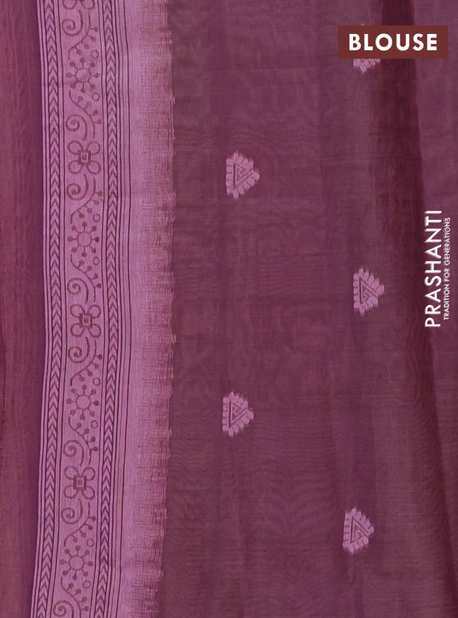 Semi jute silk saree mild peach pink and purple with thread woven buttas and warli design weaving pallu