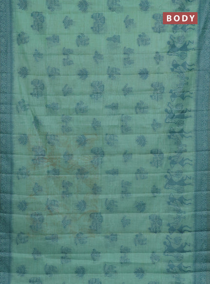 Semi jute silk saree teal green shade and peacock blue with thread woven buttas and warli design weaving pallu