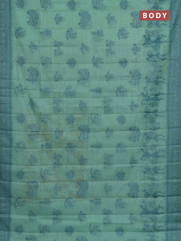 Semi jute silk saree teal green shade and peacock blue with thread woven buttas and warli design weaving pallu