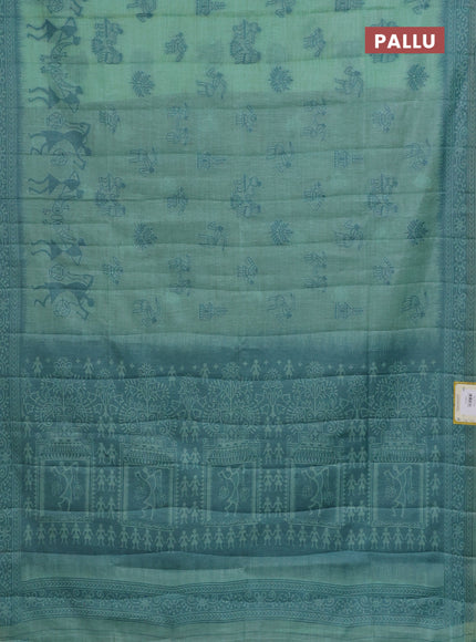 Semi jute silk saree teal green shade and peacock blue with thread woven buttas and warli design weaving pallu