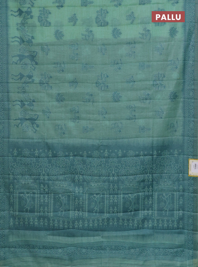 Semi jute silk saree teal green shade and peacock blue with thread woven buttas and warli design weaving pallu
